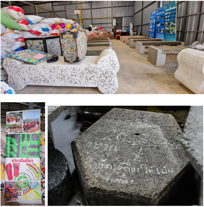 Turning plastic waste into useful products such as shoes, road surfaces, and brick blocks, to recycle waste resources to be useful again.