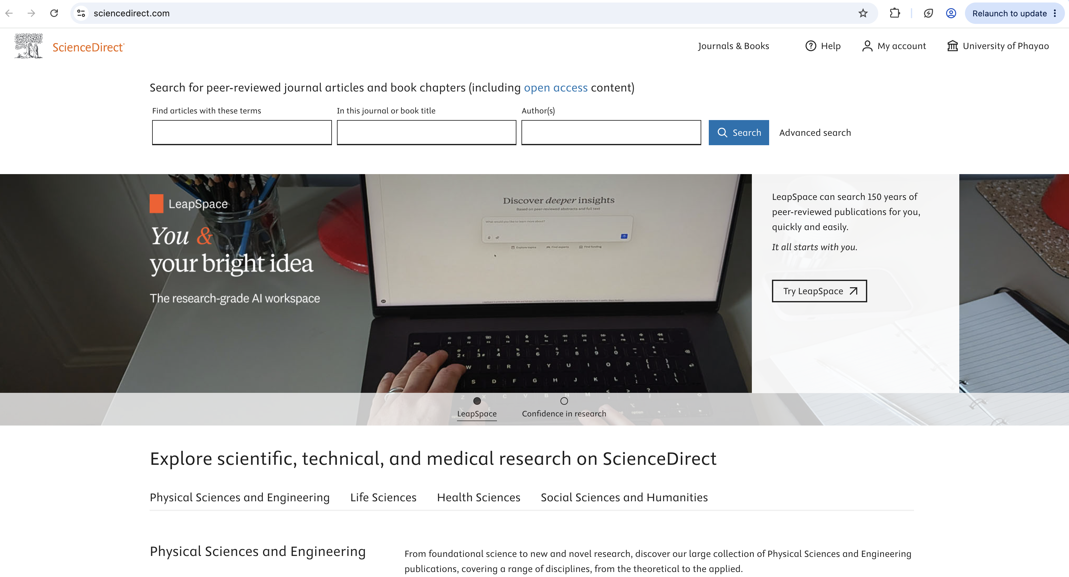 UP Library online databases list including IEEE Xplore, ScienceDirect, SpringerLink, Scopus, and ThaiLIS