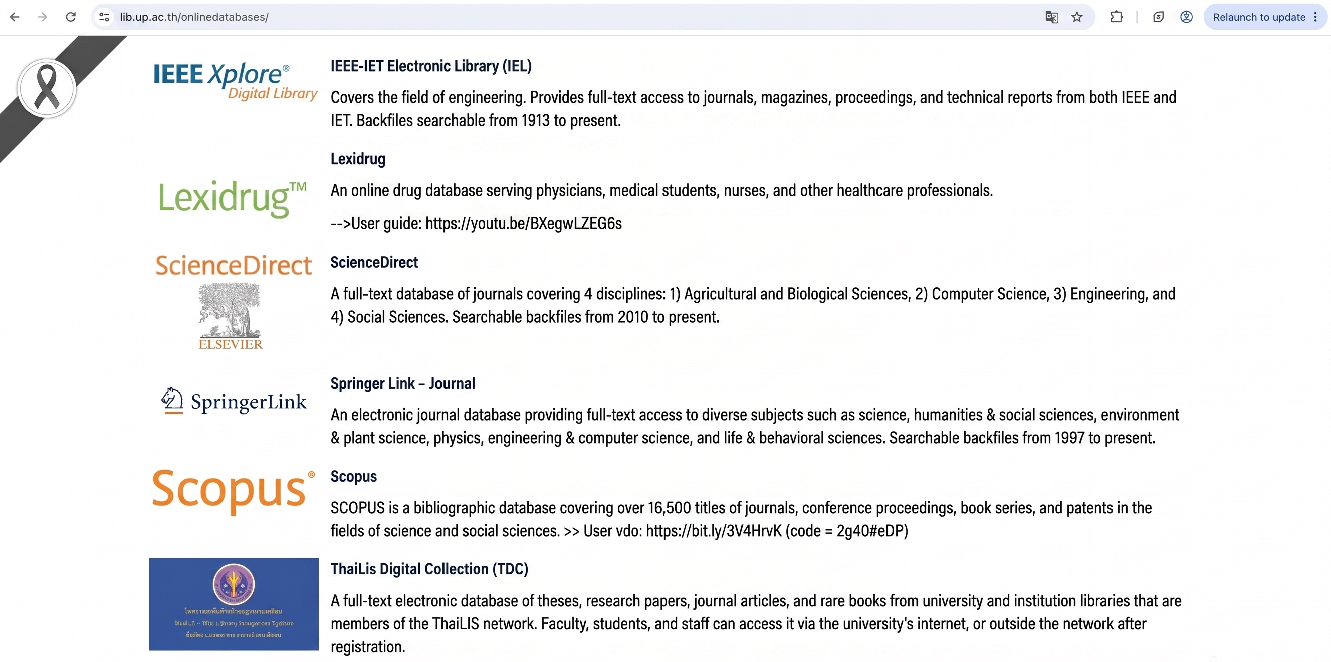 UP Library online databases list including IEEE Xplore, ScienceDirect, SpringerLink, Scopus, and ThaiLIS