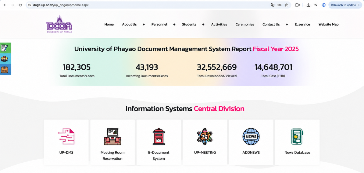 DOGA report on university document management system usage for 2025 showing documents processed and paper saved