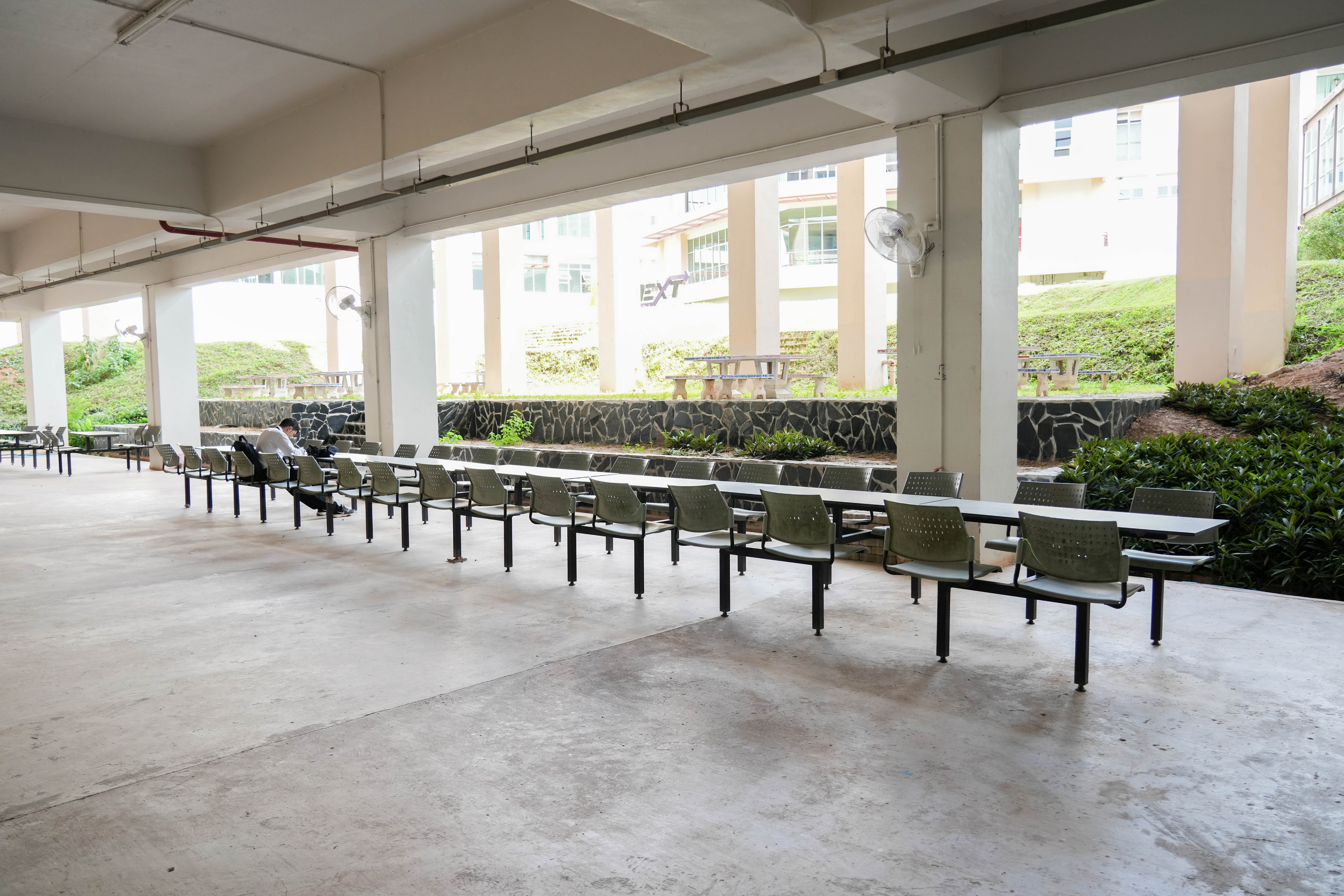 Picnic tables in shaded space